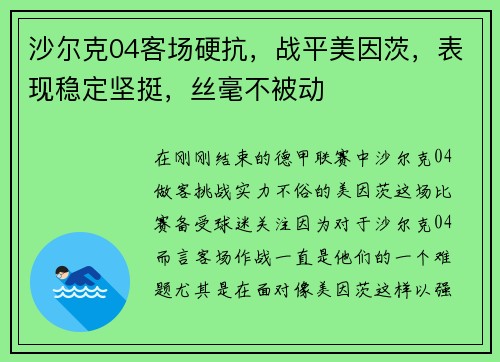 沙尔克04客场硬抗，战平美因茨，表现稳定坚挺，丝毫不被动