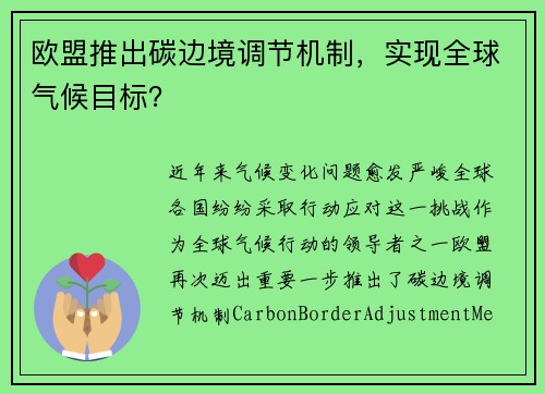 欧盟推出碳边境调节机制，实现全球气候目标？